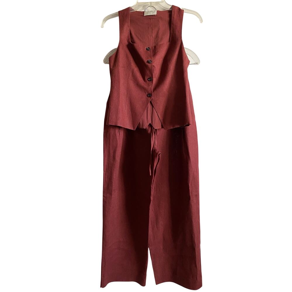 DISSH Fran Sahara Linen Vest Pant Set Tailored Wide Leg Size 4 Rust Red